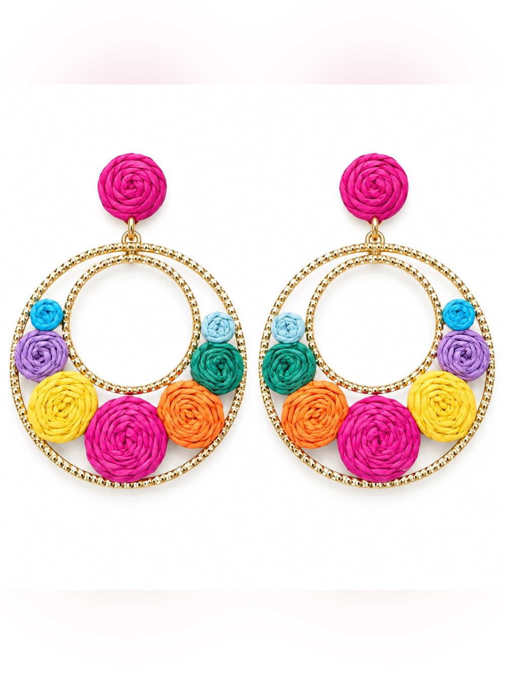 Statement Gold Hoop Earrings with Pink, Orange, Yellow & Green Rosettes